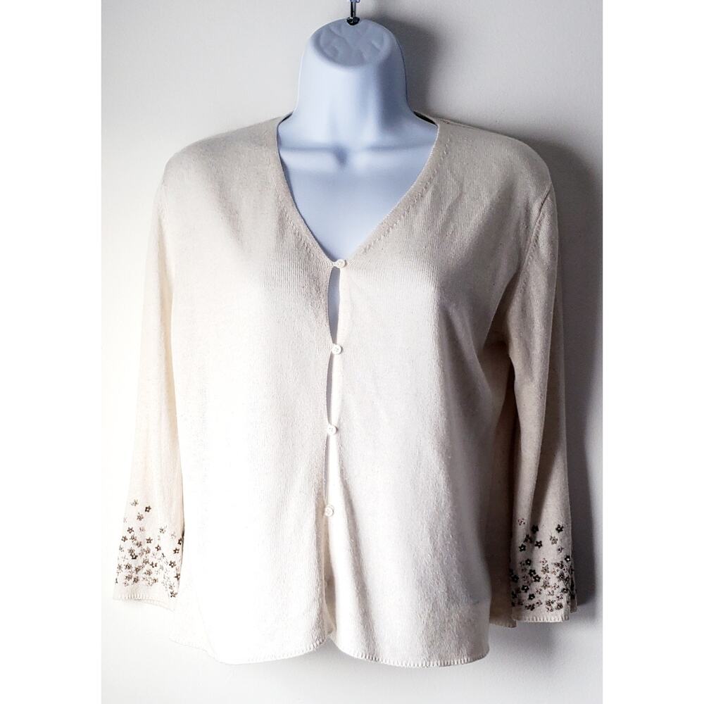 Eddie Bauer Womens Linen Embroidered Sleeve Cardigan Size Medium Fairy Beachy